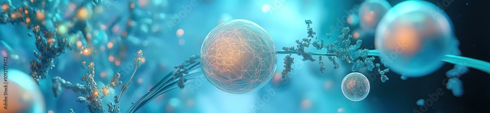 Poster a vibrant, abstract depiction of cells and molecular structures in a scientific context.