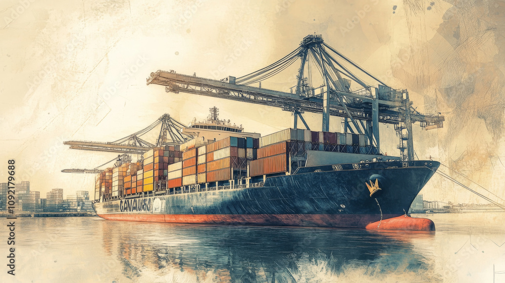 Aufkleber a drawing shows a cargo ship with a crane, loading and unloading containers. it depicts the import/e