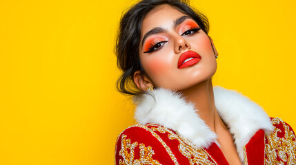 Elegant portrait of a South Asian female Santa Claus showcasing dramatic eye makeup and coral lipstick, wearing a luxurious red and gold embroidered jacket against a soft yellow background for holiday