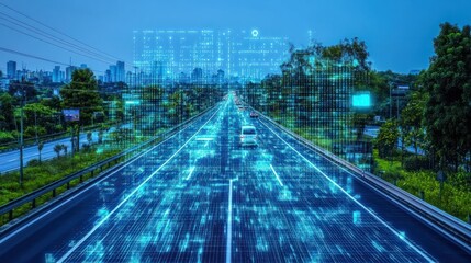 Digital data flow on road in concept of cyber global communication and coding with graphic creating vision of fast speed transfer to show agile digital transformation. disruptive innov : Generative A