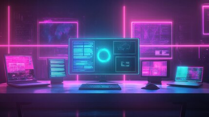 Futuristic tech workspace with glowing screens displaying data and network information.