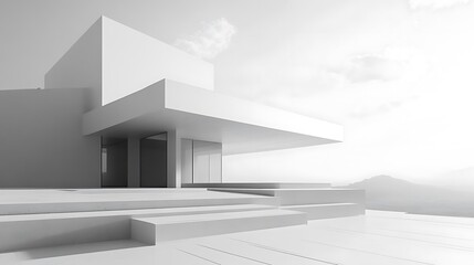 Fototapeta premium Minimalist White Modern House with Overhanging Roof and Steps