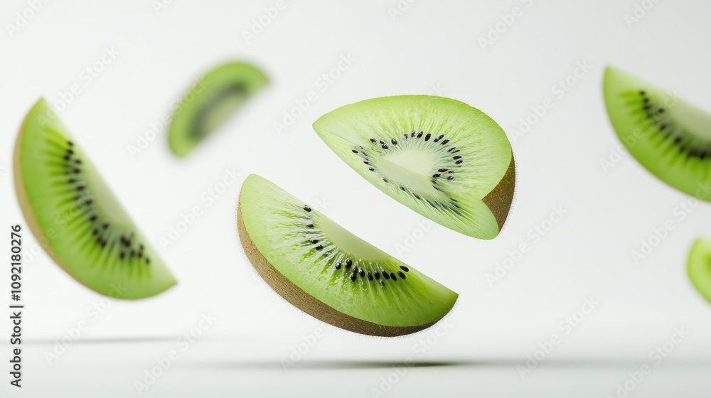 Poster floating slices of kiwi in a minimalist setting, showcasing vibrant colors and textures.