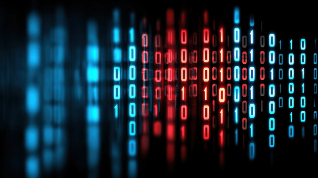 Binary code in blue and red with digital network aesthetic