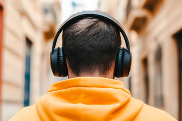 A man wearing headphones and a yellow hoodie. He is looking at the camera. The headphones are black