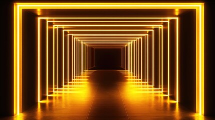 Obraz premium Golden Neon Corridor: A mesmerizing digital rendering of a futuristic corridor, illuminated by vibrant golden neon lights creating a sense of depth and infinite space.