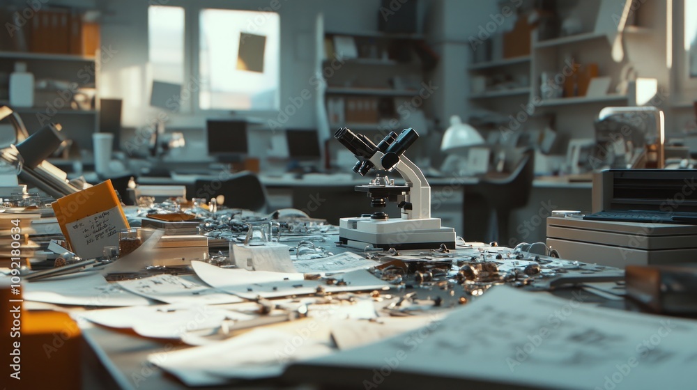 Poster a cluttered laboratory workspace with a microscope and scattered papers.