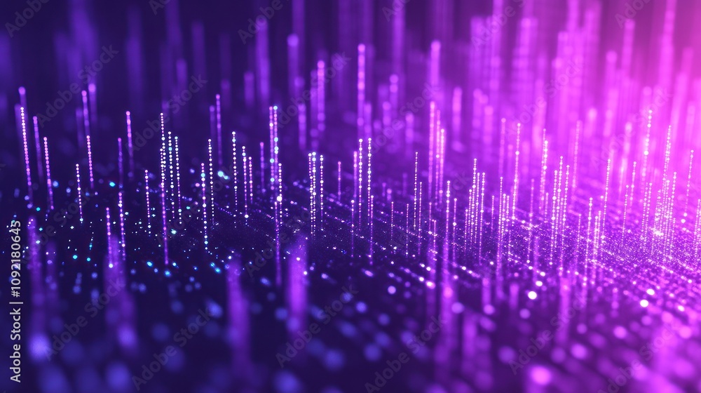Poster abstract visualization of data represented by glowing particles in purple and blue hues.