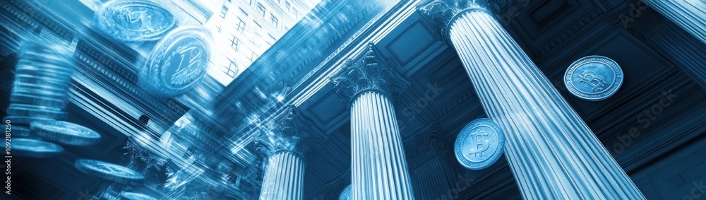 Poster A digital representation of columns with floating coins, symbolizing finance and investment.