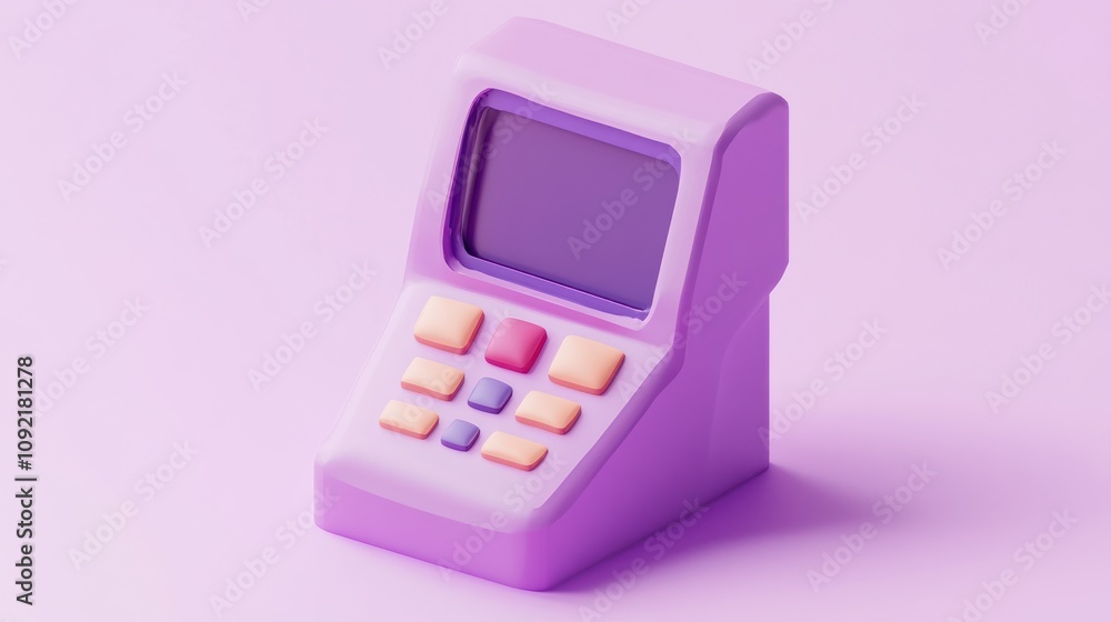 Aufkleber a purple retro-style device with buttons and a screen, resembling a vintage calculator.