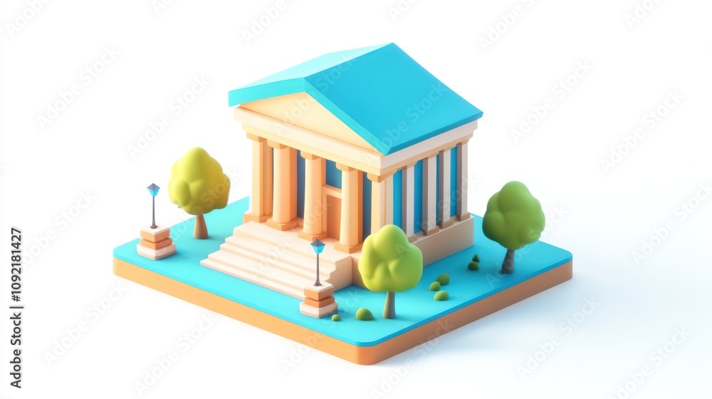 Poster A stylized 3D model of a classical building with trees and lamps.