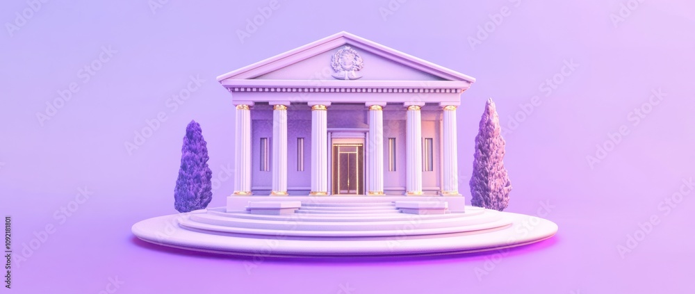 Poster A stylized classical building with columns and trees, set against a gradient background.