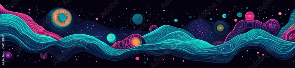 Poster abstract cosmic landscape with vibrant colors and swirling patterns.