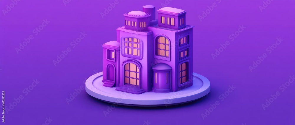 Poster a stylized, purple-themed building with illuminated windows on a circular base.