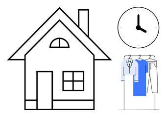 House with a clock indicating time management alongside clothes neatly hung on a rack. Ideal for home organization, daily routines, time management, interior decoration, lifestyle concepts