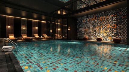 Pool tile decoration with bold, modern patterns, sleek poolside furniture, and vibrant lighting