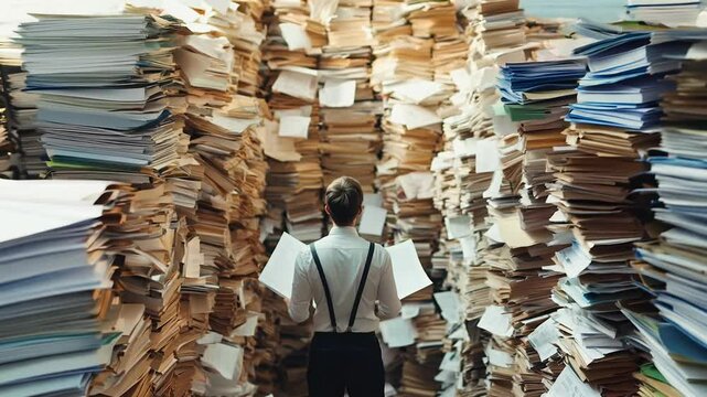A person stands amidst towering stacks of documents, scanning through various papers. The overwhelming volume creates an atmosphere of disarray and urgency in this office environment.