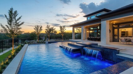 Pool water features decor with modern fountains, stylish lighting, and sleek tile design