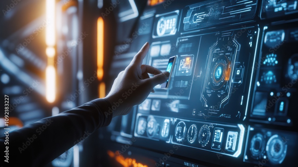Poster futuristic smart home concept featuring person controlling various home systems like lighting securi