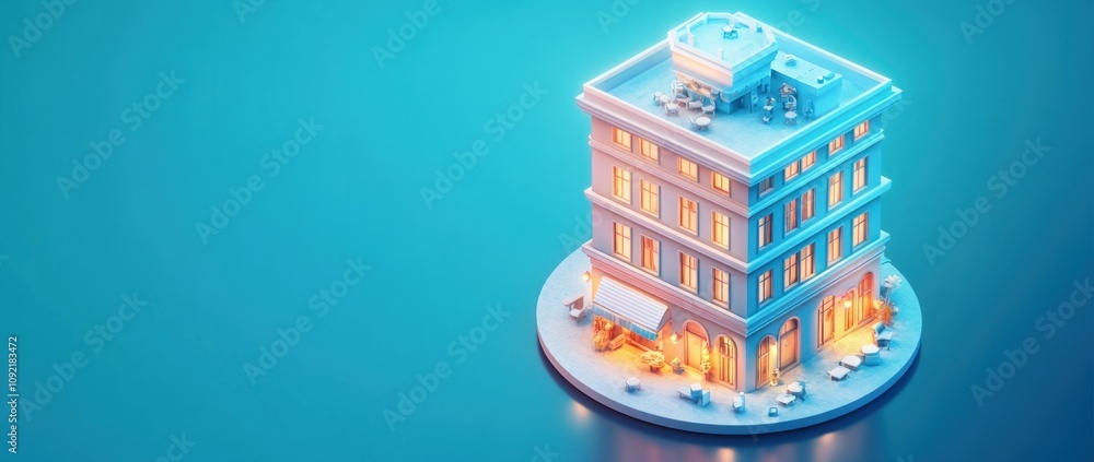 Poster a stylized building model with glowing lights, creating a cozy urban atmosphere.