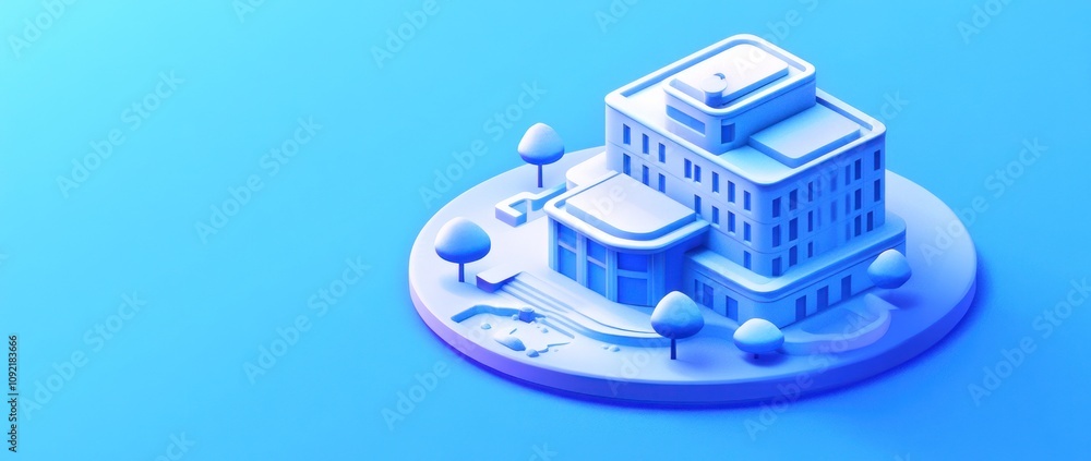 Poster A stylized 3D rendering of a modern building in a serene blue environment.
