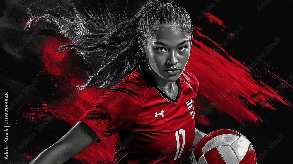 Poster a dynamic athlete in red uniform poised to serve a volleyball against a dramatic background.