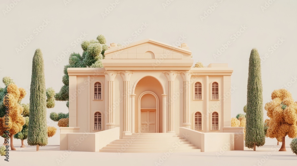 Poster a stylized, minimalist building surrounded by trees and shrubs in a serene landscape.