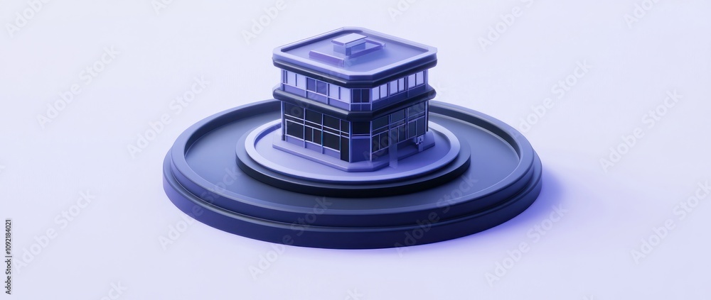 Poster A stylized modern building model on a circular base with a minimalist design.