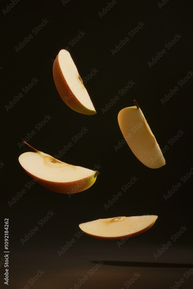 Poster slices of apple floating against a dark background, highlighting their texture and color.