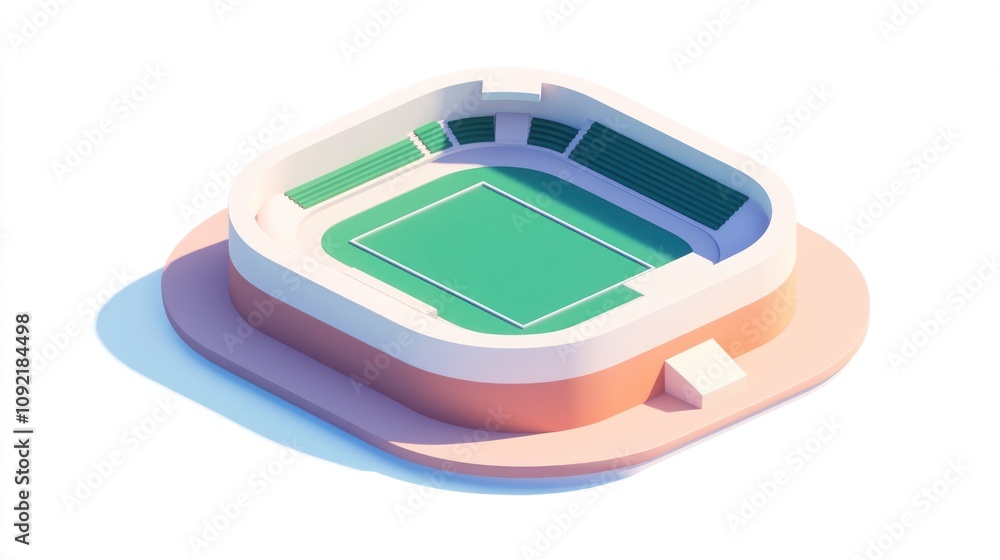 Poster A minimalist 3D rendering of a sports stadium with a green playing field.