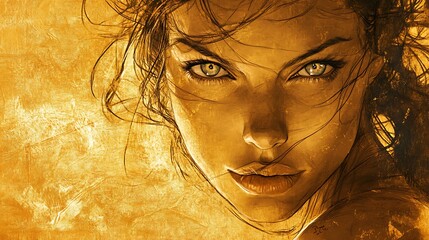 Fototapeta premium Golden Portrait of a Woman with Intricate Hair and Striking Eyes