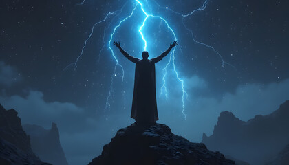 Silhouette of a Man Summoning Lightning Under a Starry Night Sky