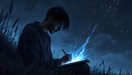 Creative Man Writing Under the Influence of Magical Lightning in a Notebook in a Starry Night Sky