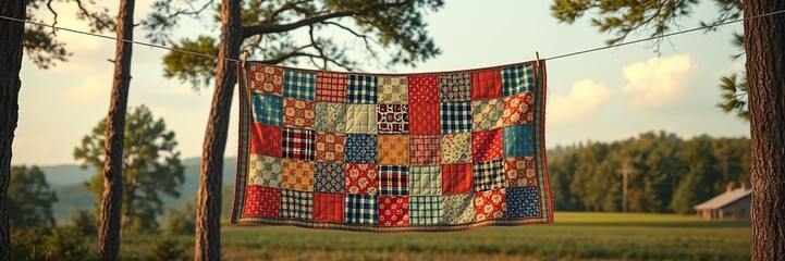 Fototapeta premium Large patchwork quilt hanging from a clothesline amidst tall trees and a serene country landscape, Countryside, Rural Life, Farmhouse Style