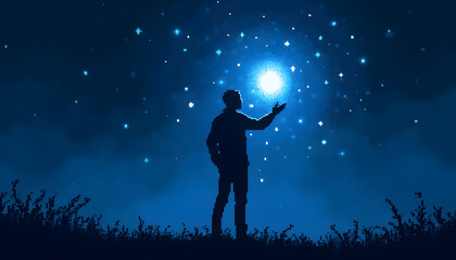 Silhouette of a Man Reaching for the Stars in a Starry Night