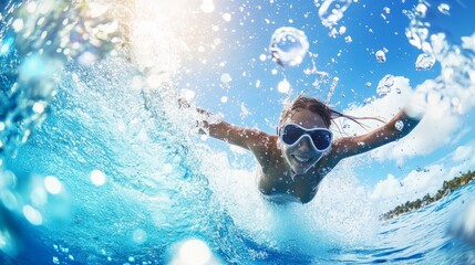 A vibrant and dynamic picture of a Western woman actively surfing in the ocean.