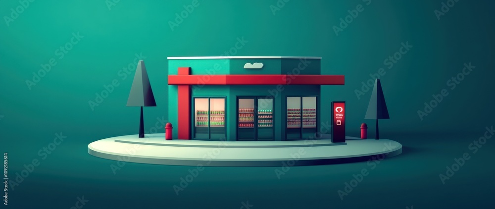 Poster A stylized convenience store with modern design and minimalistic features.