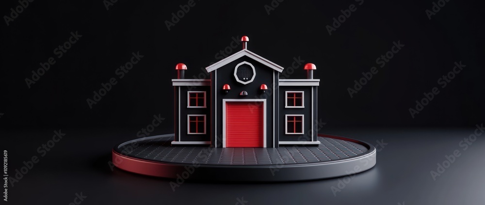 Poster A stylized black and red building model with decorative elements on a display stand.