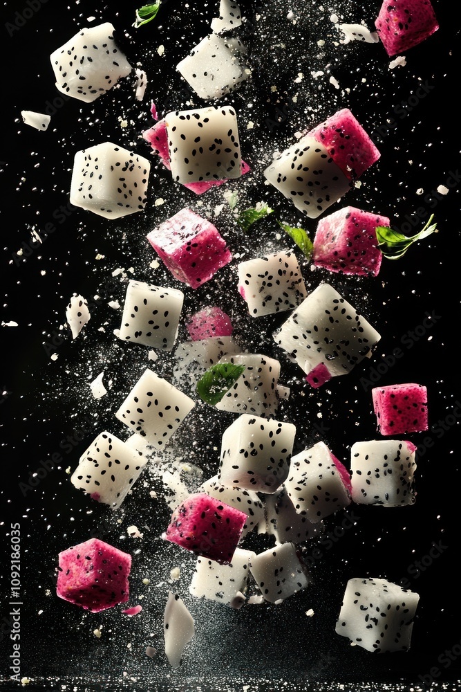Poster colorful cubes of dragon fruit splashing against a dark background, creating a dynamic visual.