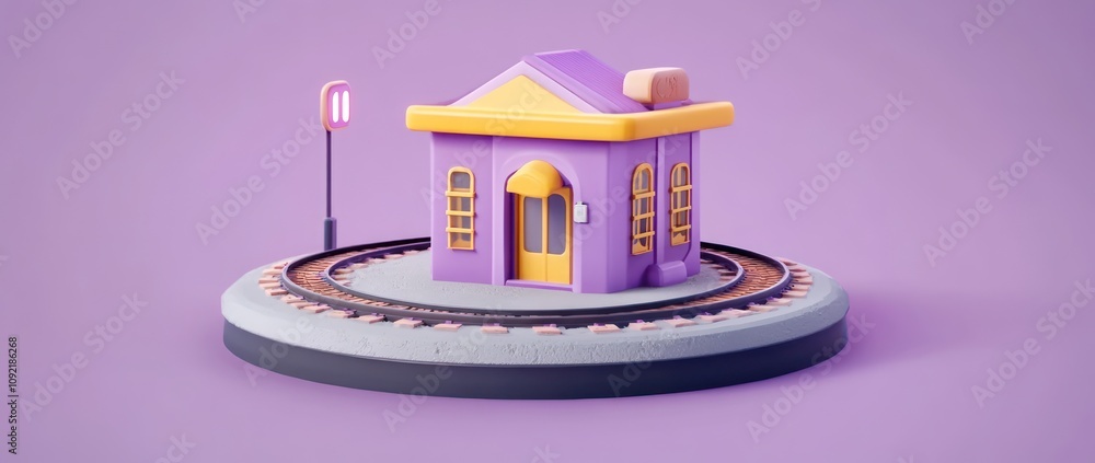 Poster a whimsical purple train station model with tracks on a circular base.