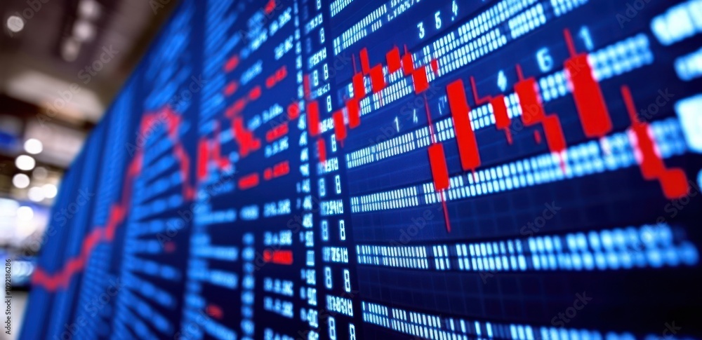 Poster A digital stock market display showing fluctuating graphs and trading data.
