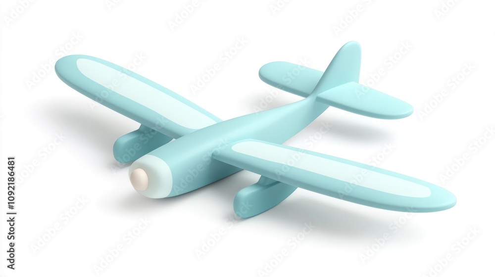 Poster a stylized blue toy airplane with a simplistic design and smooth surfaces.