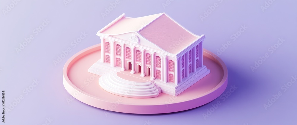 Poster a stylized pink architectural model of a building on a circular base.
