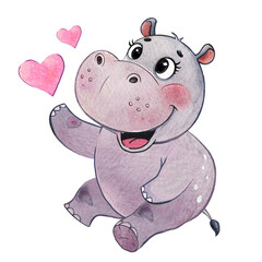 Fototapeta premium Cute hand drawn hippo illustration with heart. Cartoon hippo transparent background. Pro PNG transparent background. Cute baby character for print DTF T-Shirt, postcard and invitation