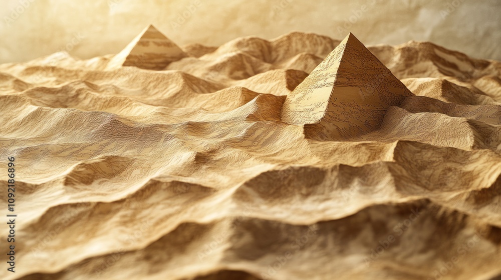 Poster a stylized representation of pyramids amidst a textured landscape.