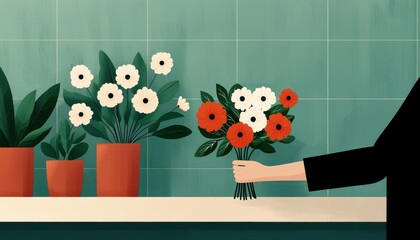 Fototapeta premium A hand holds a vibrant bouquet of flowers, surrounded by potted plants, set against a stylish teal backdrop.