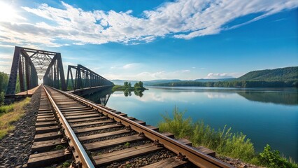Scenic view of a railway bridge spanning a tranquil lake under a bright blue sky, tranquility, railway bridge, blue sky