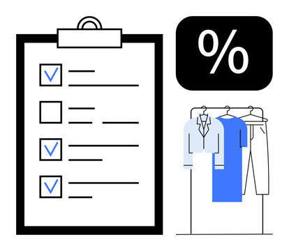 Clipboard checklist with marked blue checkboxes, percentage symbol, clothes on hangers. Ideal for retail planning, inventory checks, sales strategies, discount promotions, business analysis, project