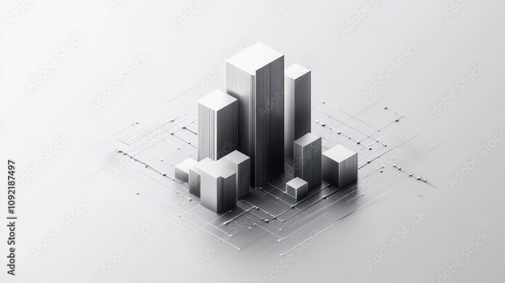 Poster a 3d representation of city buildings with a digital grid background.