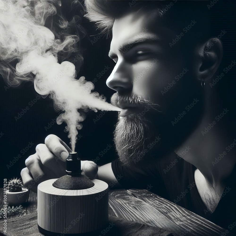 Poster man inhaling essential oils from diffuser